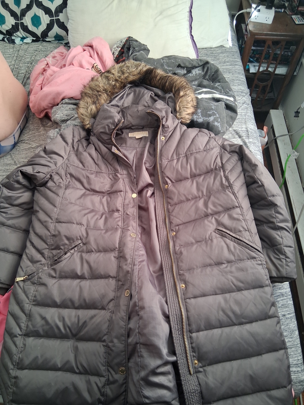 Michael Kors Olive Gray Quilted Long Puffer Coat with Faux Fur Hood